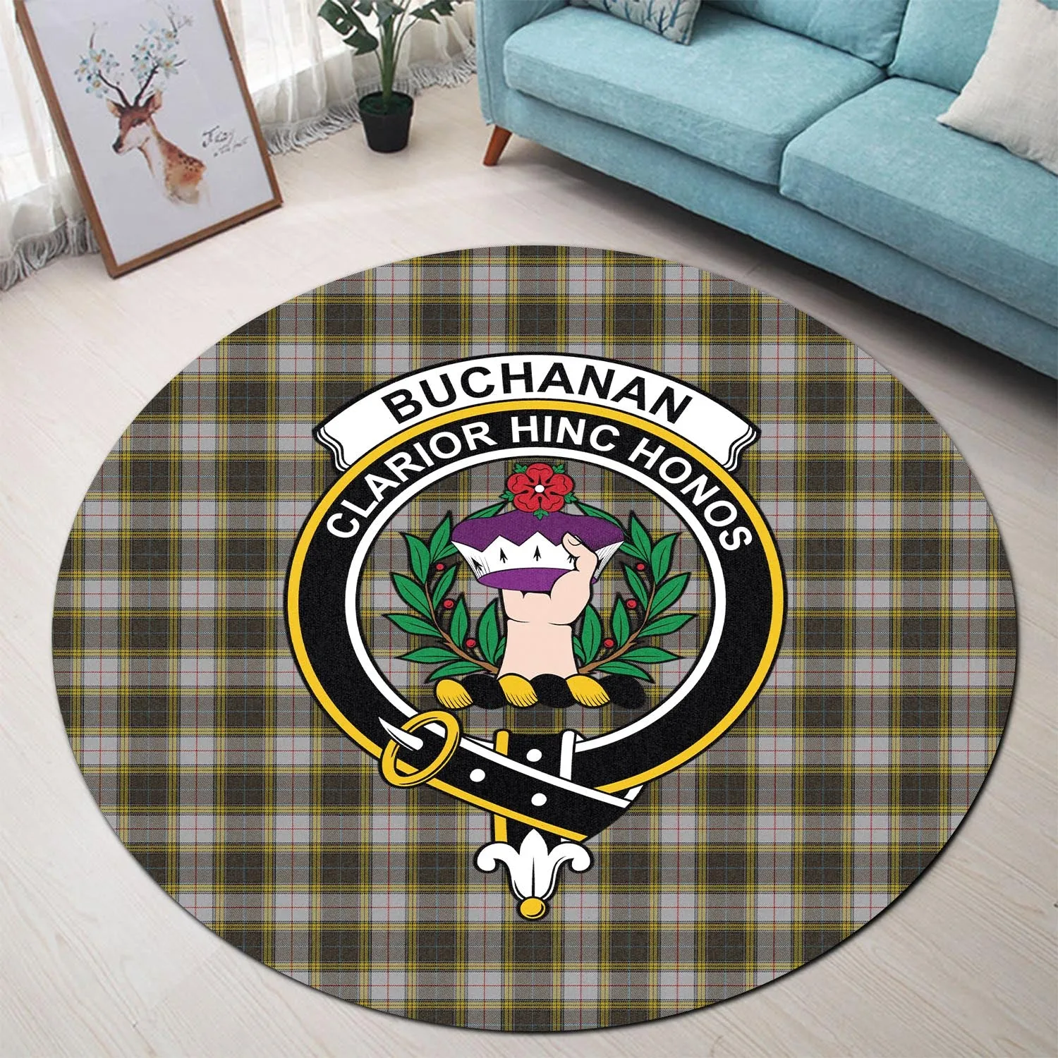 Buchanan Dress Tartan Round Rug with Family Crest