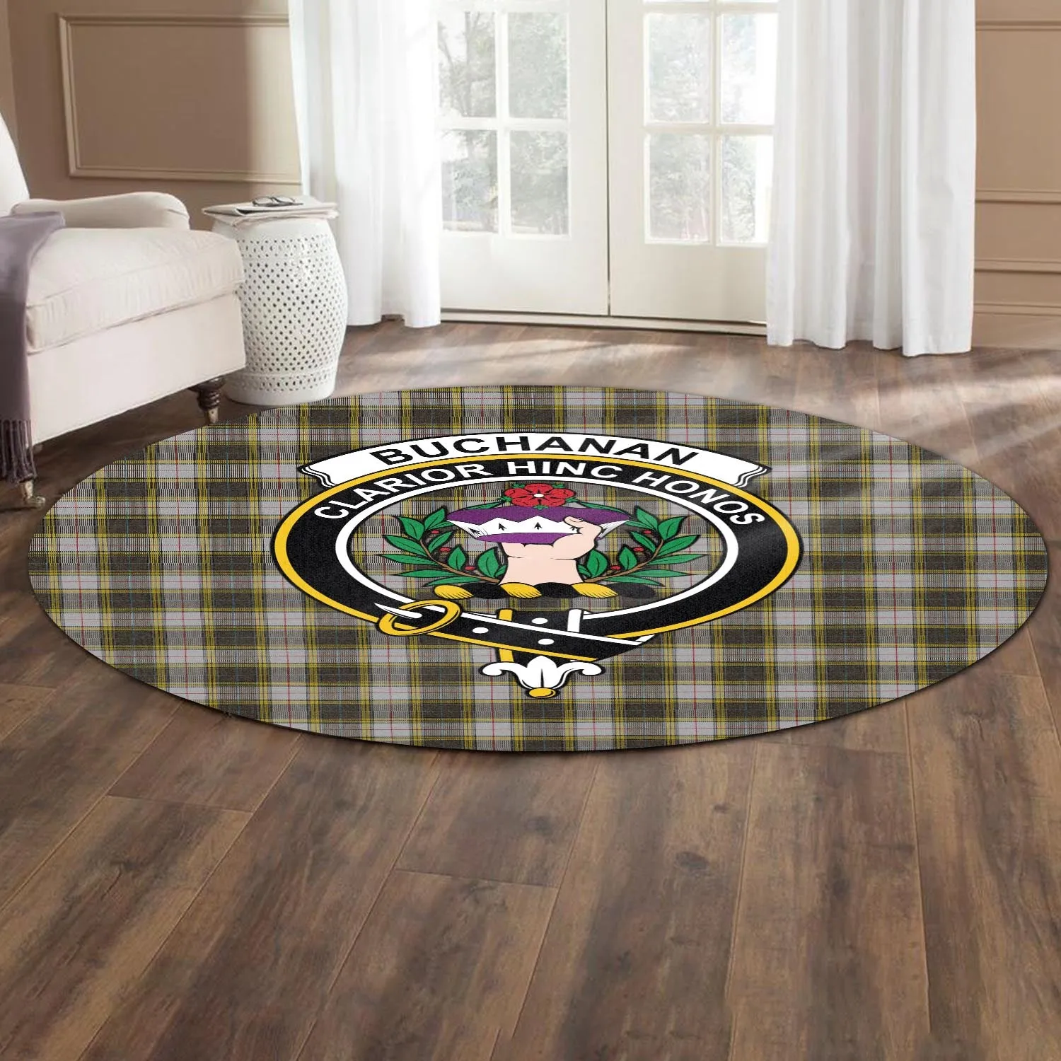 Buchanan Dress Tartan Round Rug with Family Crest