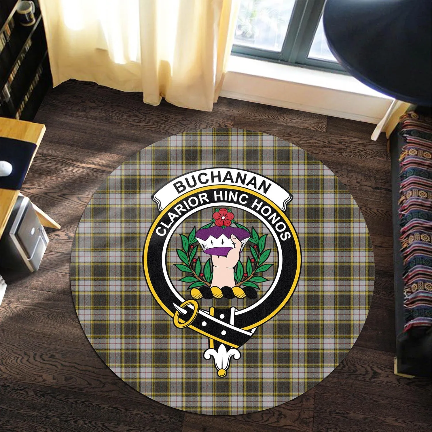 Buchanan Dress Tartan Round Rug with Family Crest