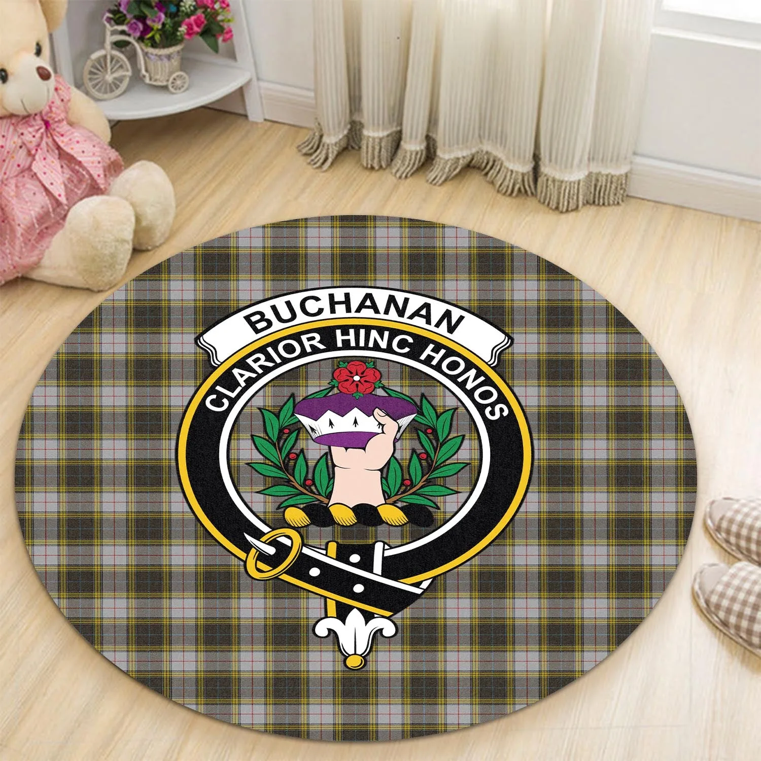 Buchanan Dress Tartan Round Rug with Family Crest