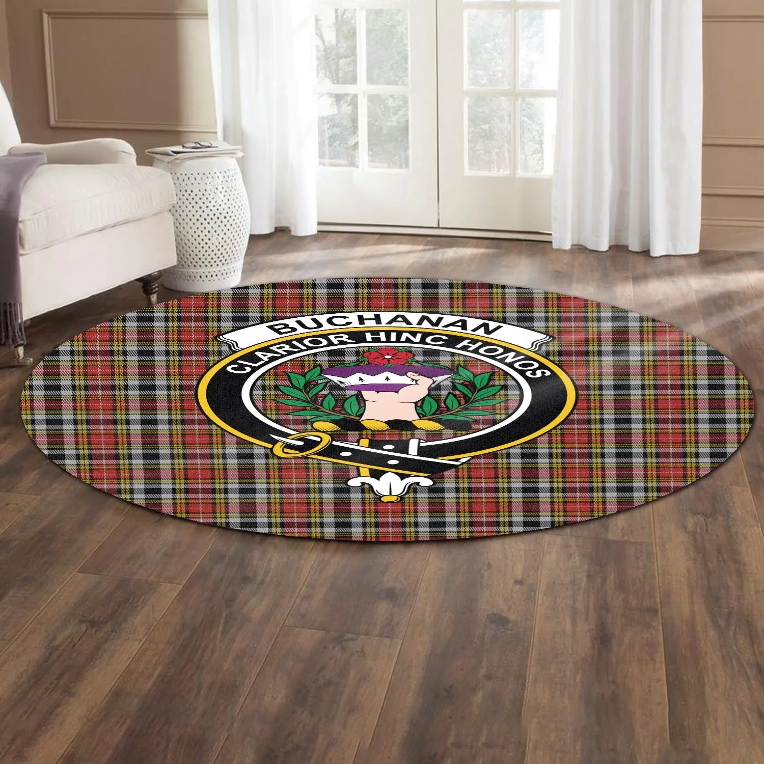 Buchanan Old Dress Tartan Round Rug with Family Crest