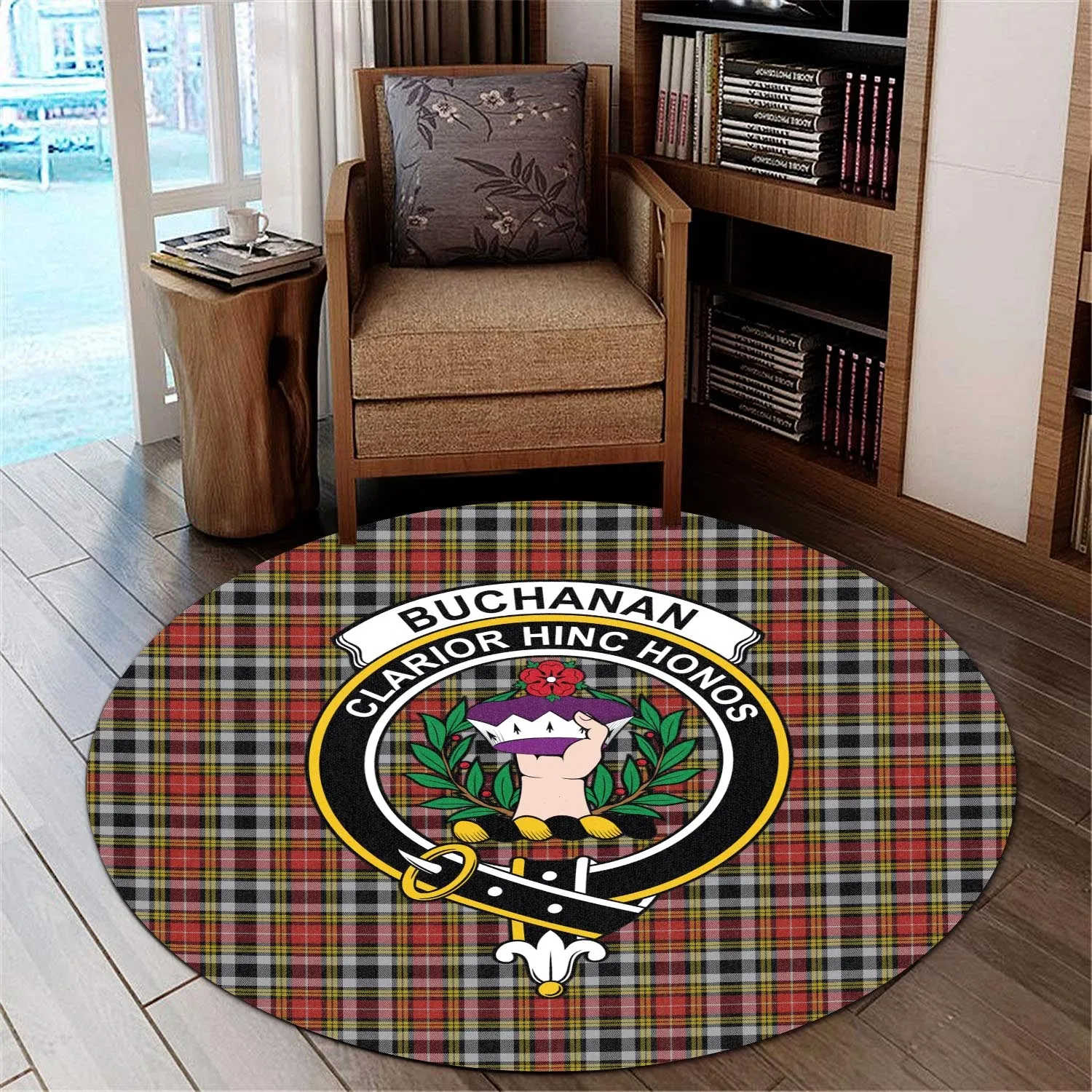 Buchanan Old Dress Tartan Round Rug with Family Crest