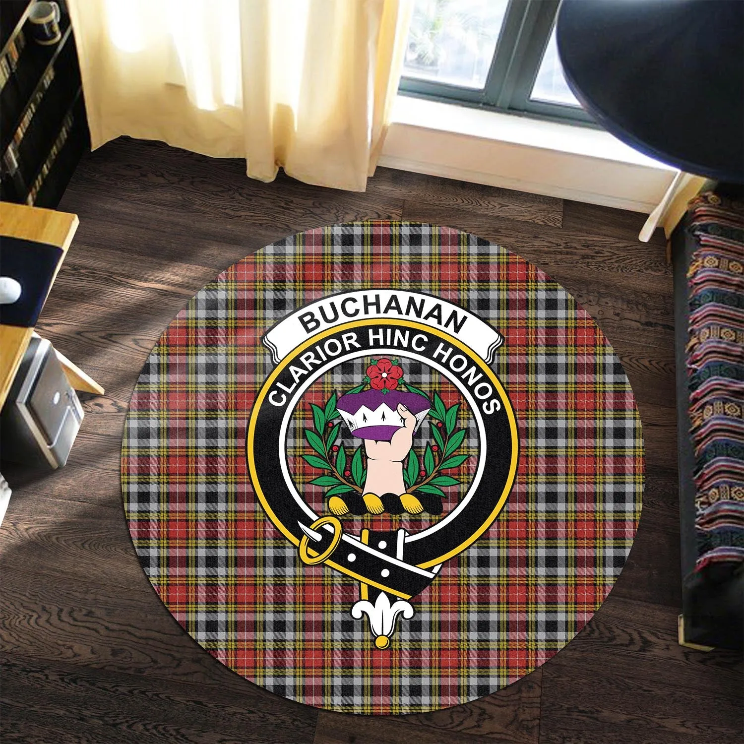 Buchanan Old Dress Tartan Round Rug with Family Crest