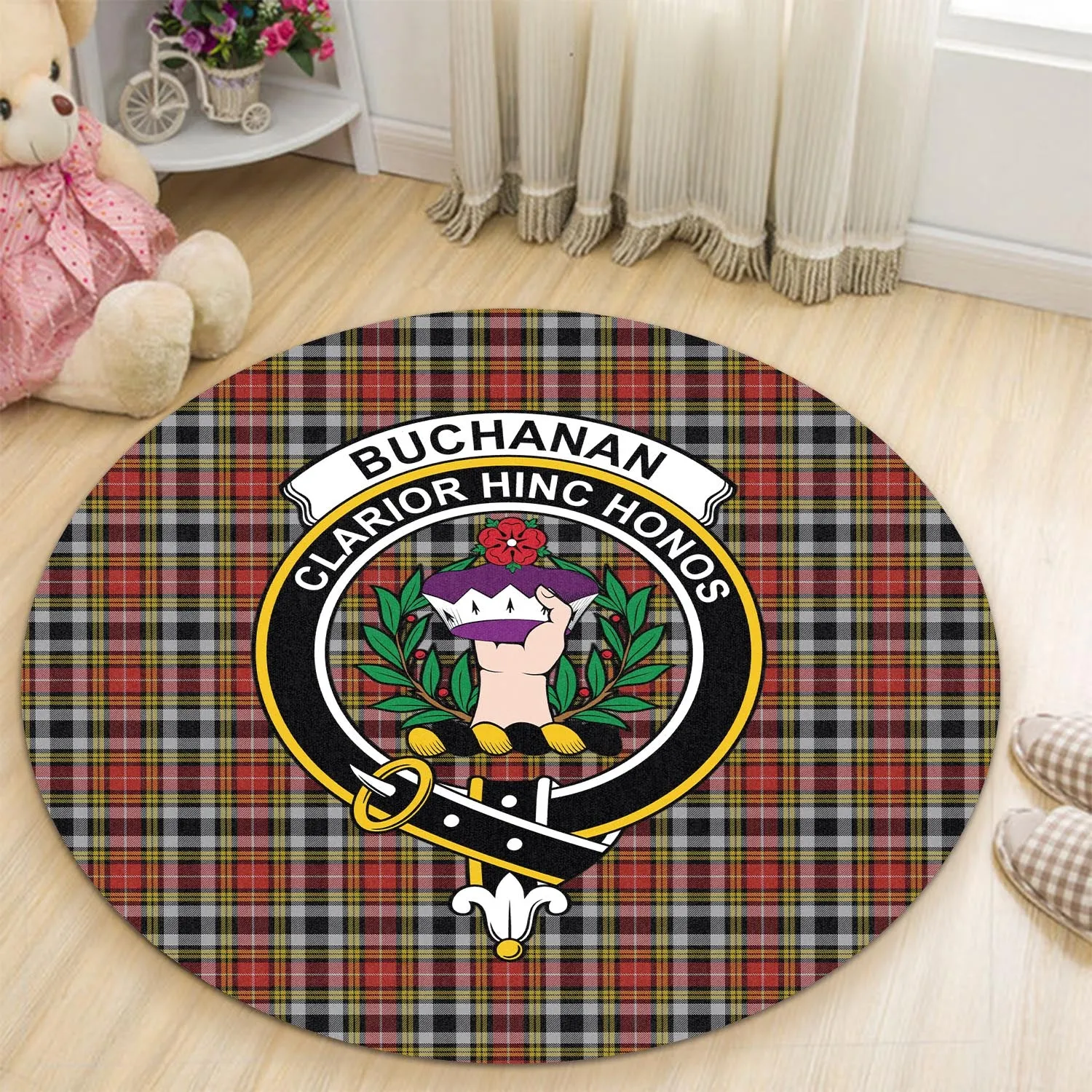 Buchanan Old Dress Tartan Round Rug with Family Crest