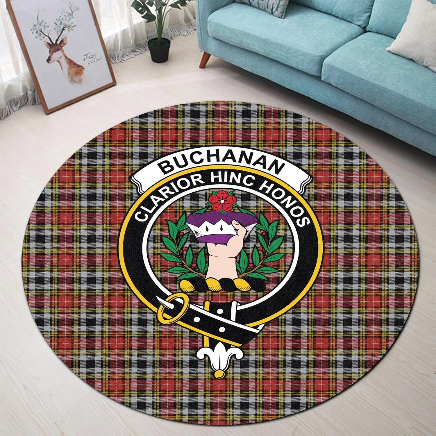 Buchanan Old Dress Tartan Round Rug with Family Crest