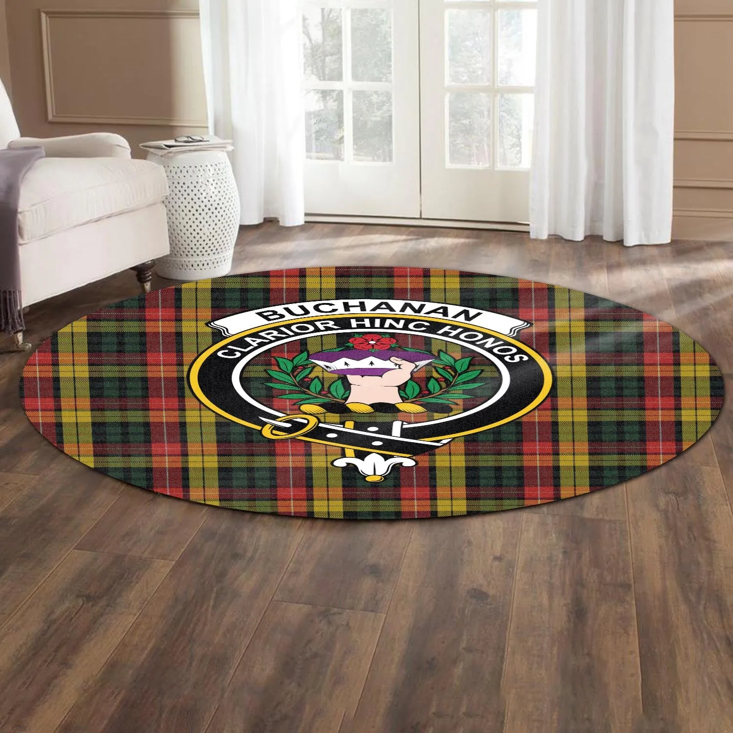 Buchanan Tartan Round Rug with Family Crest