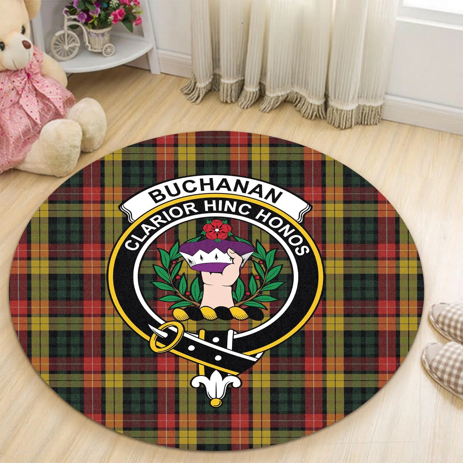 Buchanan Tartan Round Rug with Family Crest