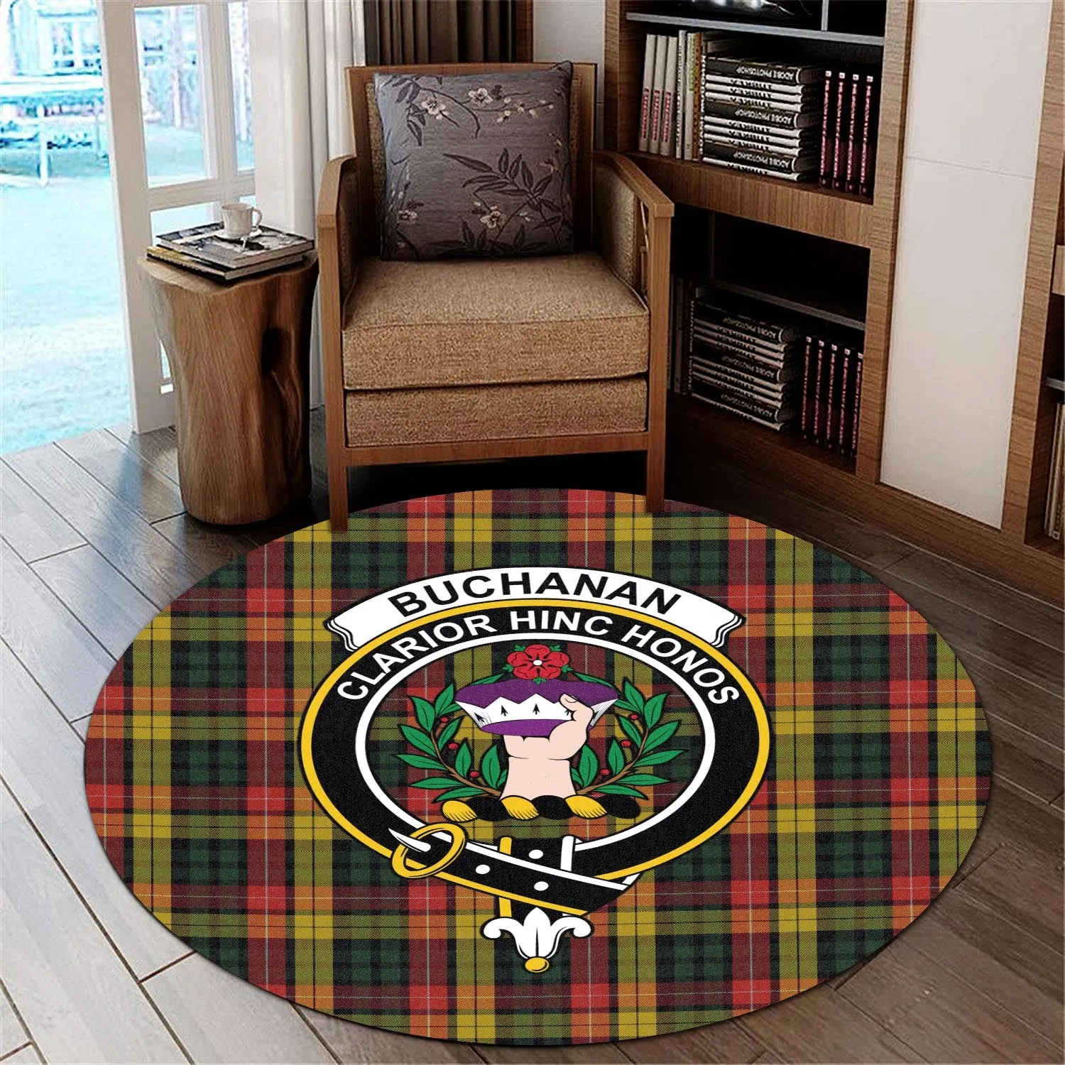 Buchanan Tartan Round Rug with Family Crest