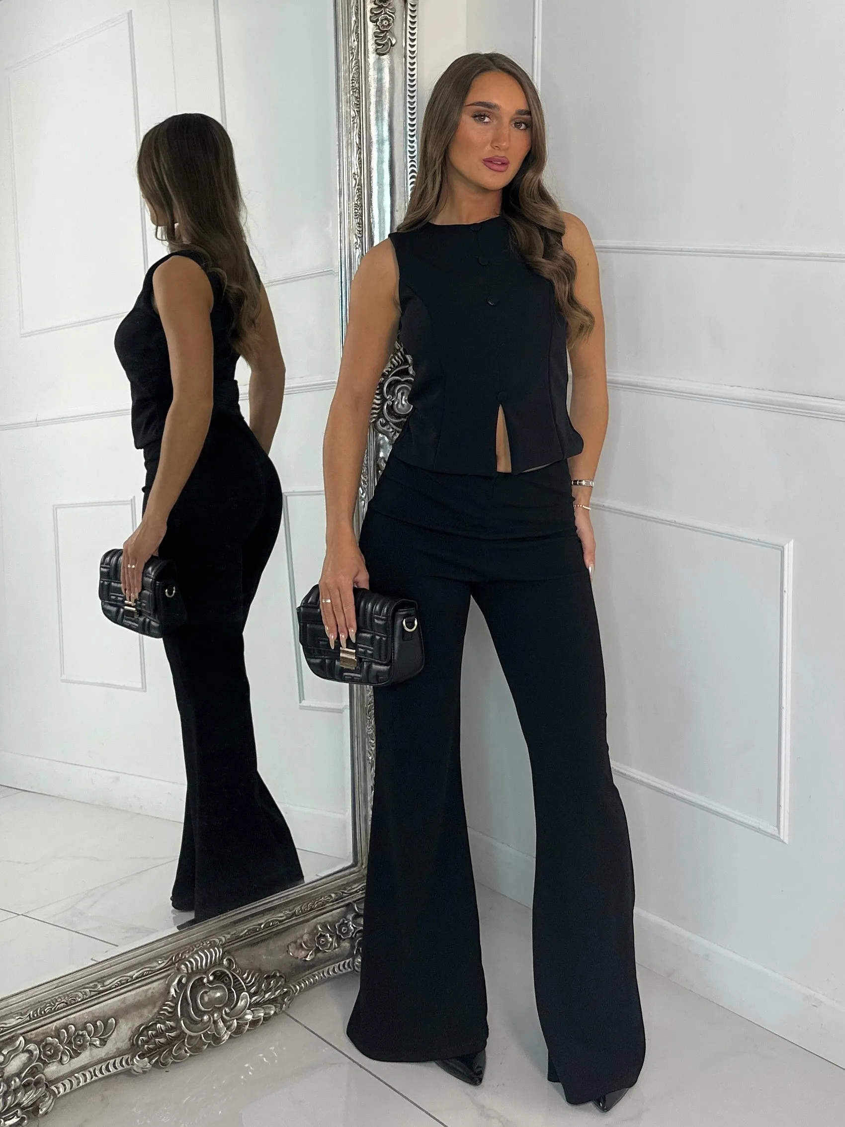 Button Slit Front Detail Waistcoat & Kick Flares Set - Black