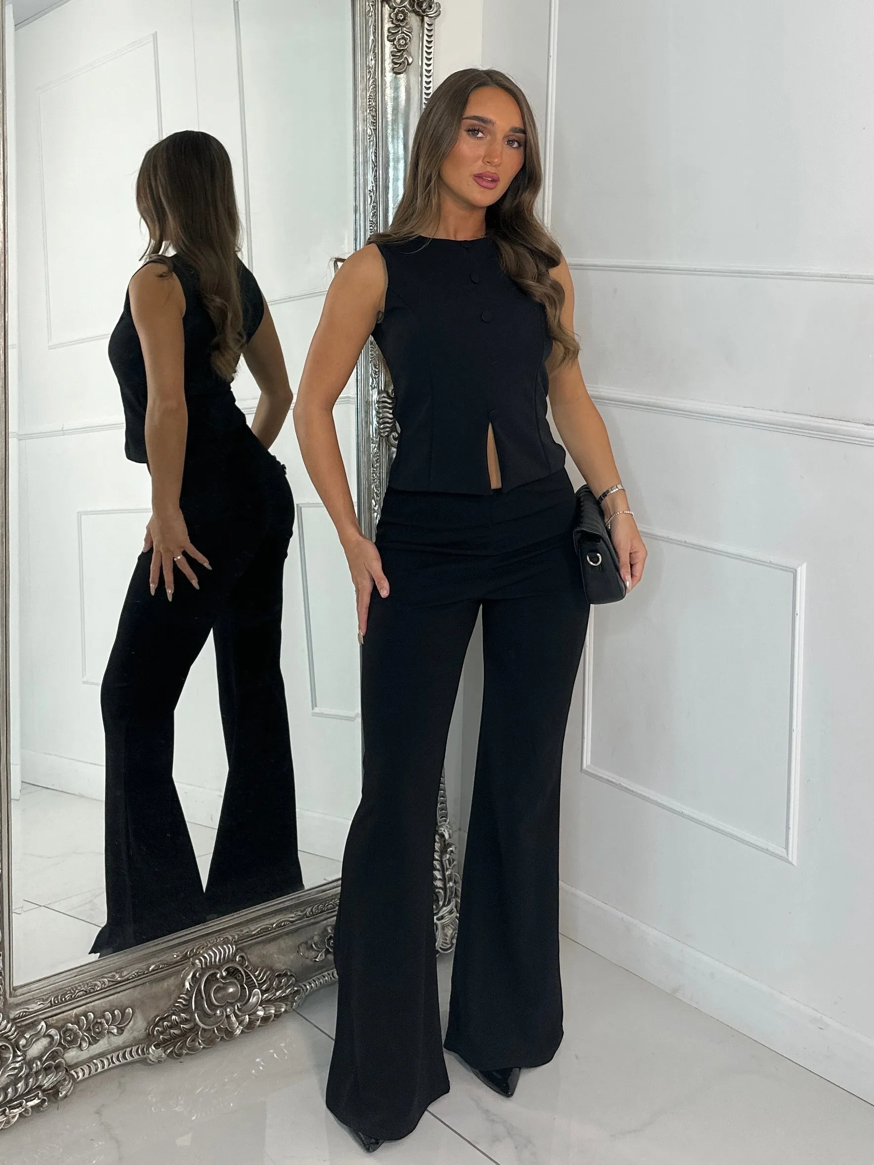 Button Slit Front Detail Waistcoat & Kick Flares Set - Black