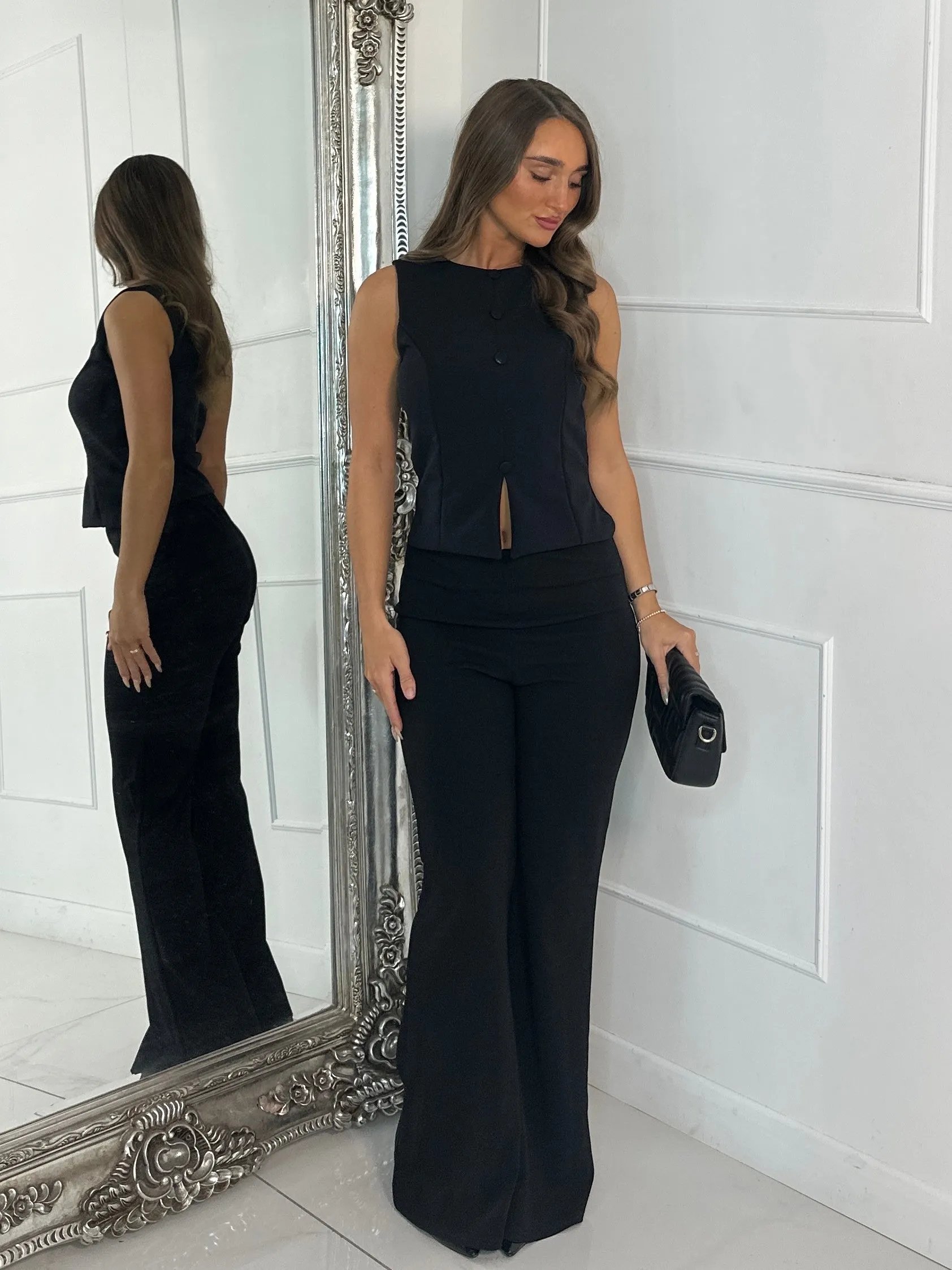 Button Slit Front Detail Waistcoat & Kick Flares Set - Black