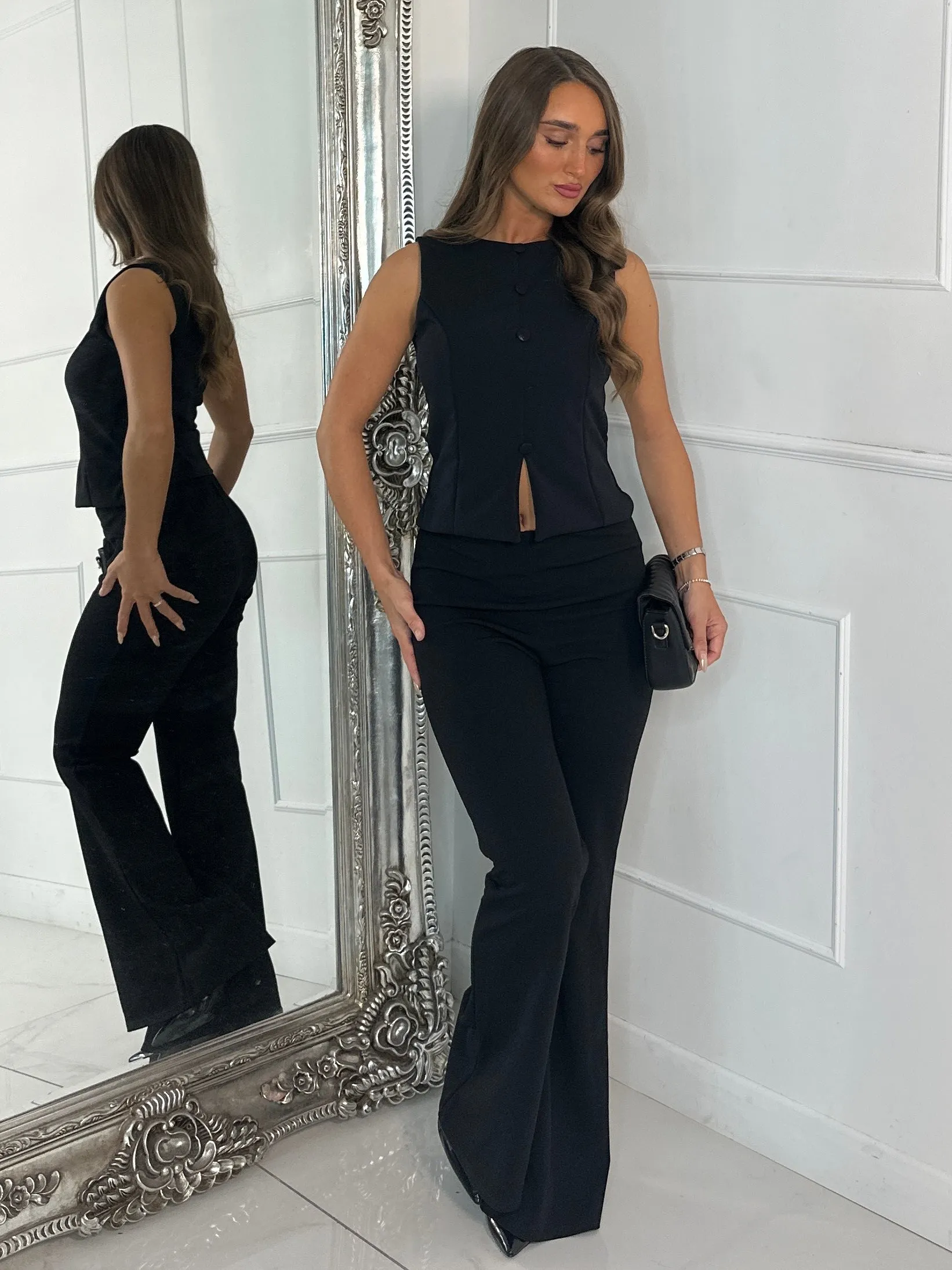 Button Slit Front Detail Waistcoat & Kick Flares Set - Black