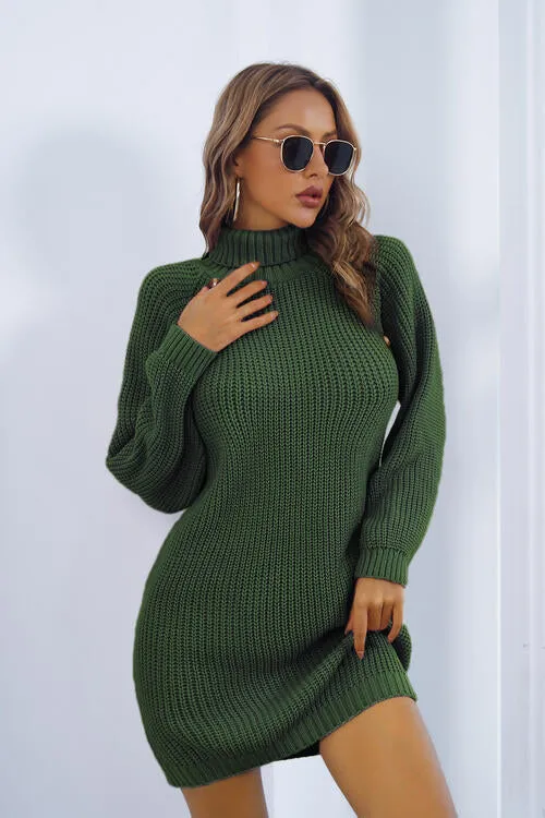 Buttoned Turtleneck Long Sleeve Sweater Dress