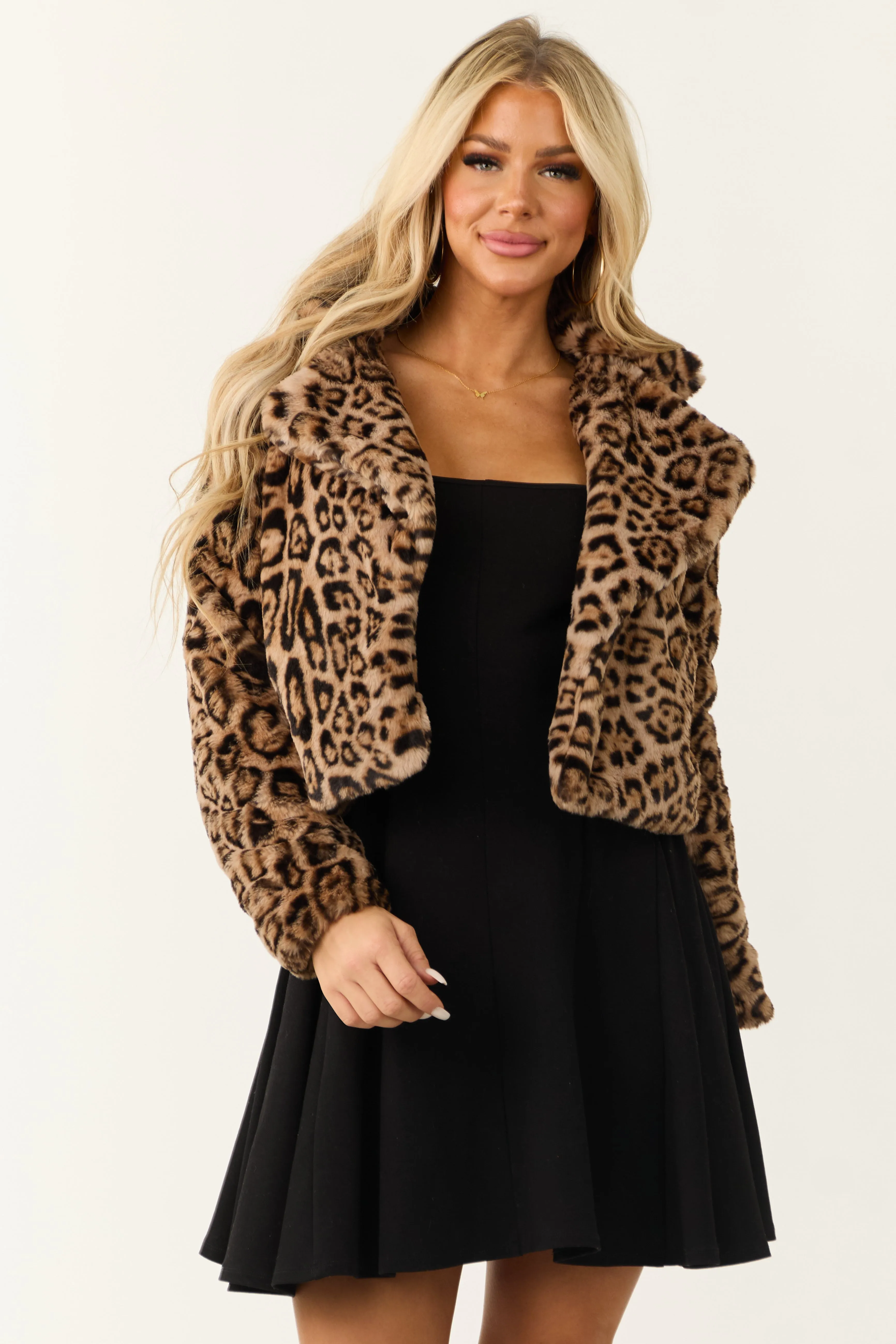 Camel Leopard Print Faux Fur Open Front Jacket