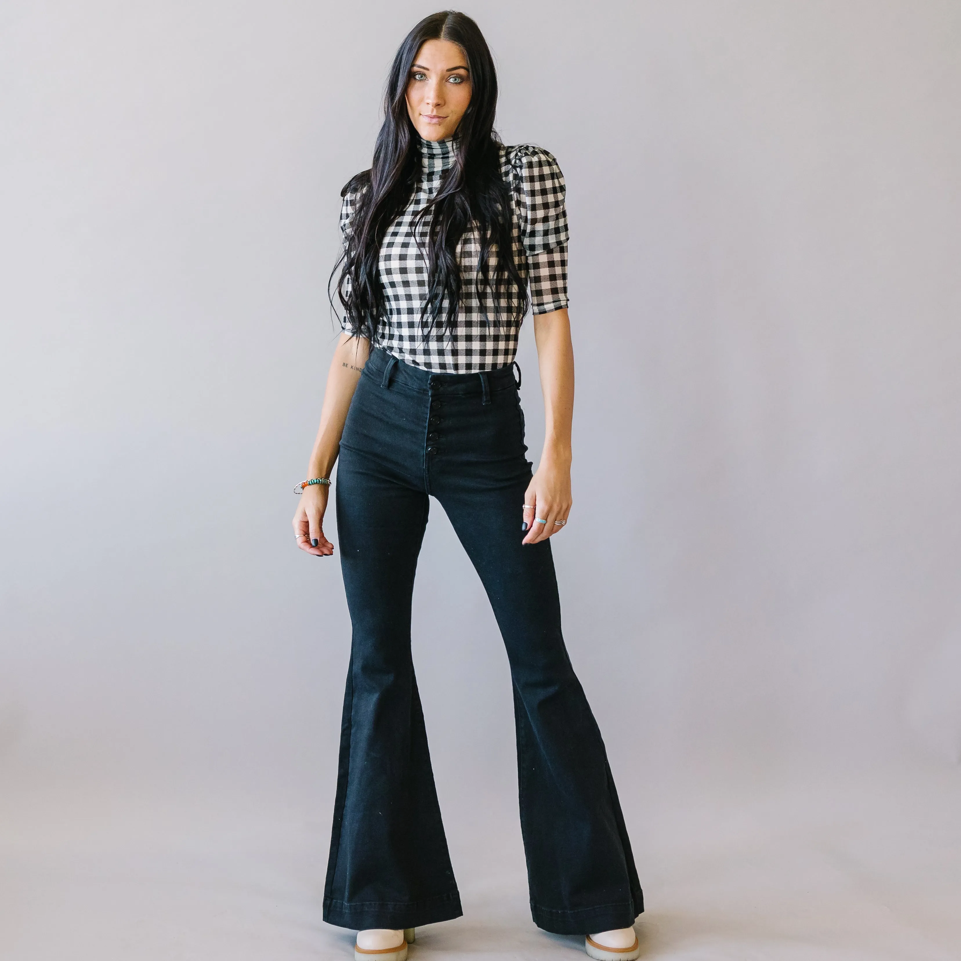 Catch 22 High Rise Flares by Kancan in Black Denim