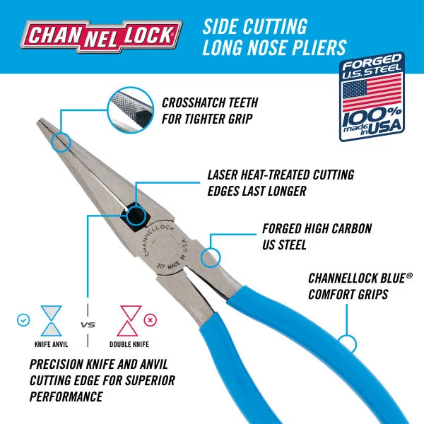 Channellock 317 8-Inch Long Nose Pliers with Side Cutter