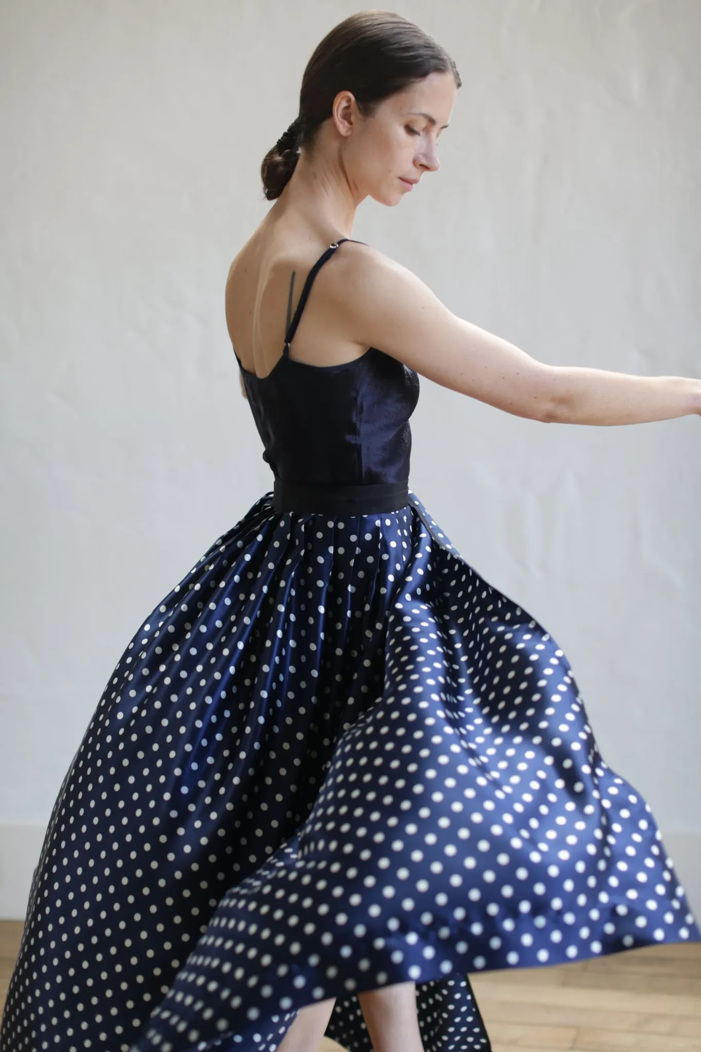 Charmeuse Pleated Long Wrap Skirt | Navy Polkadot