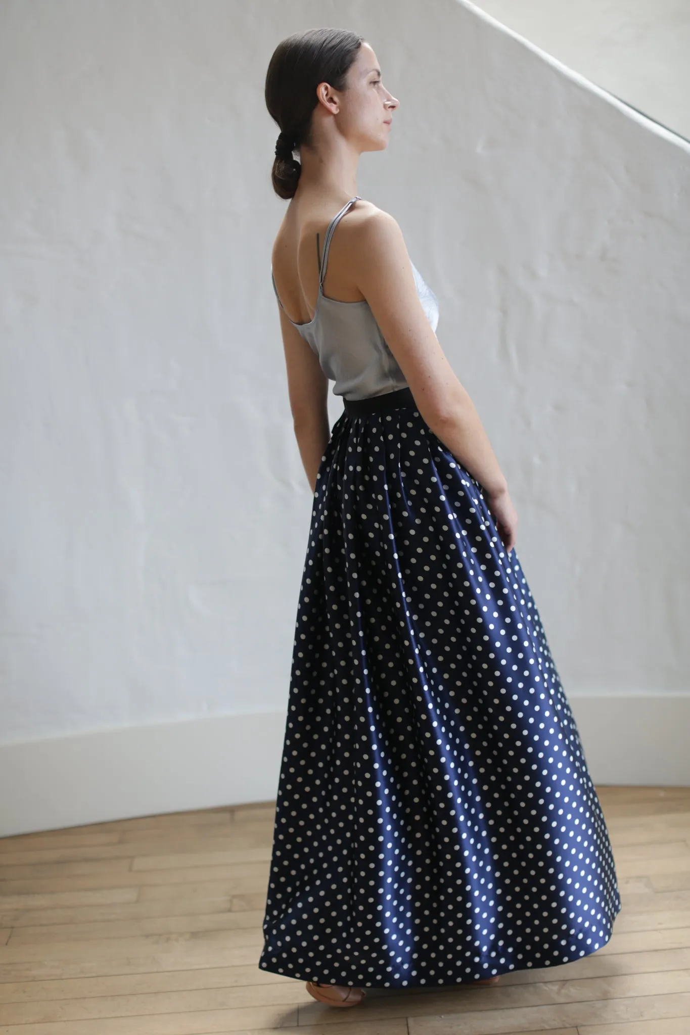 Charmeuse Pleated Long Wrap Skirt | Navy Polkadot