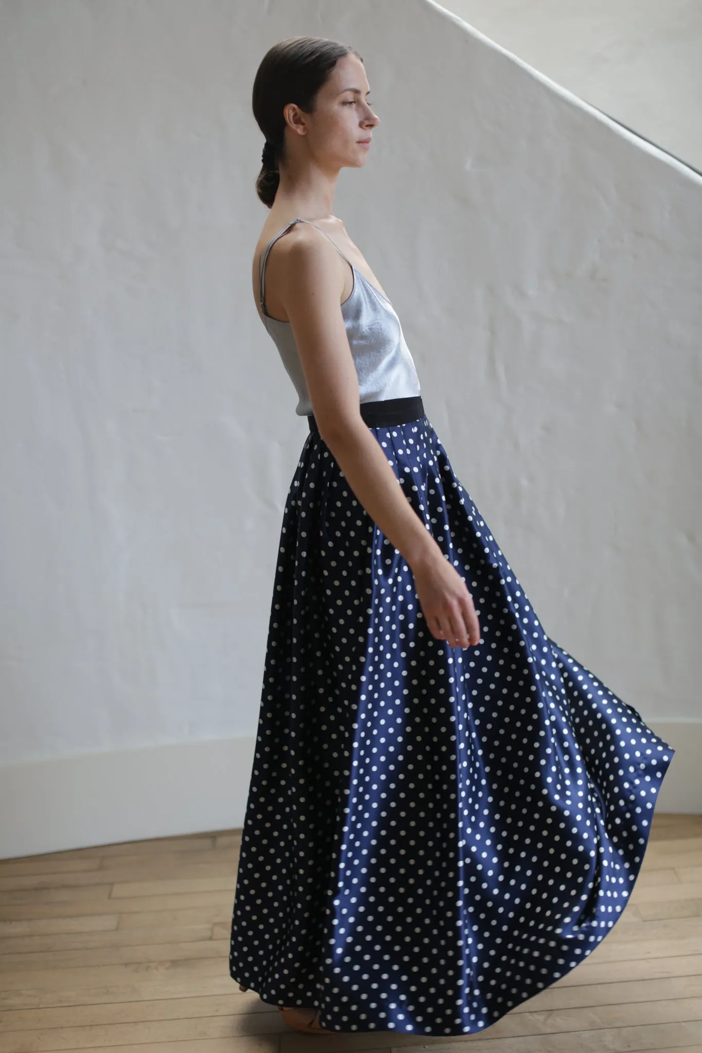 Charmeuse Pleated Long Wrap Skirt | Navy Polkadot