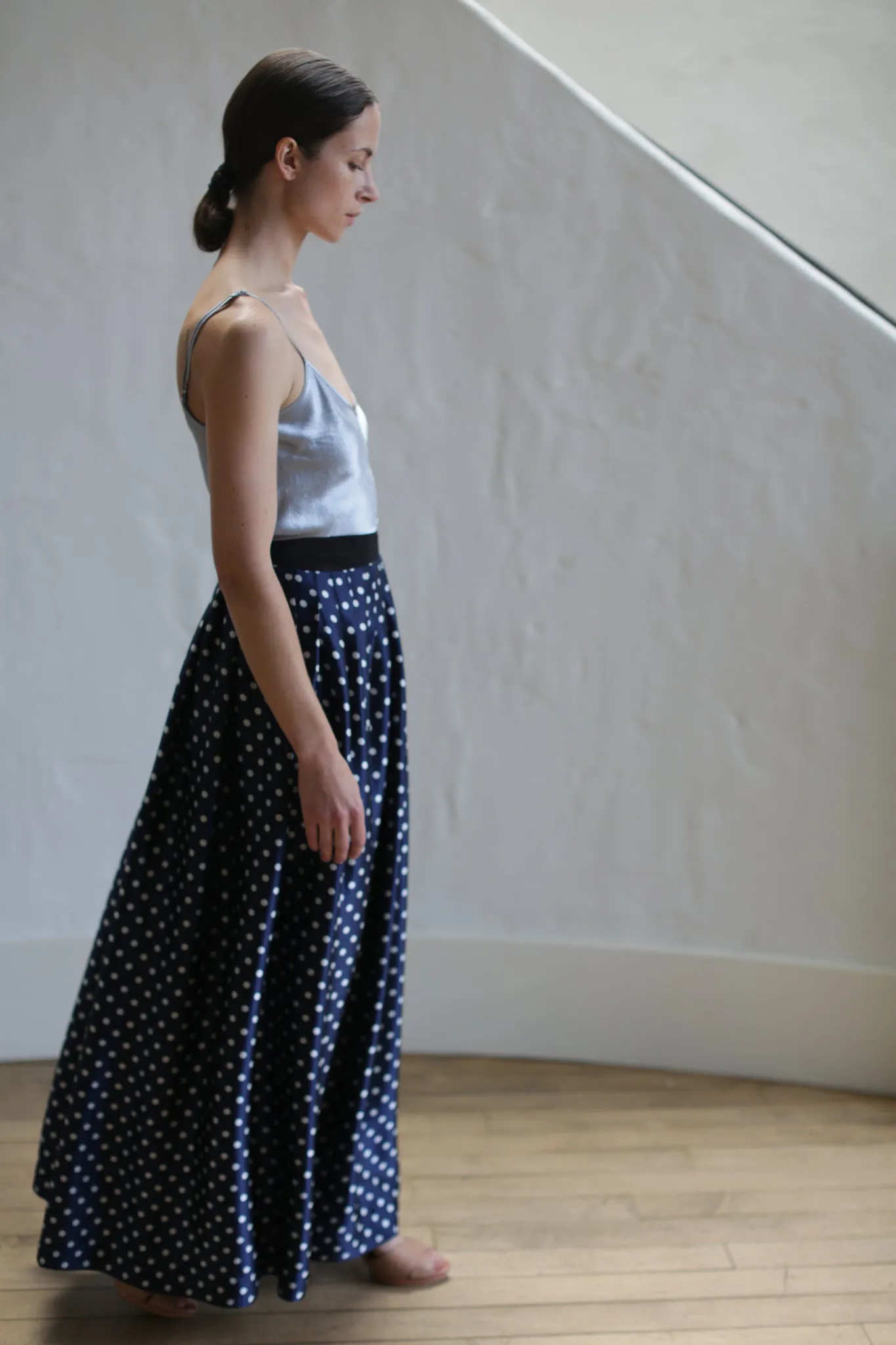 Charmeuse Pleated Long Wrap Skirt | Navy Polkadot