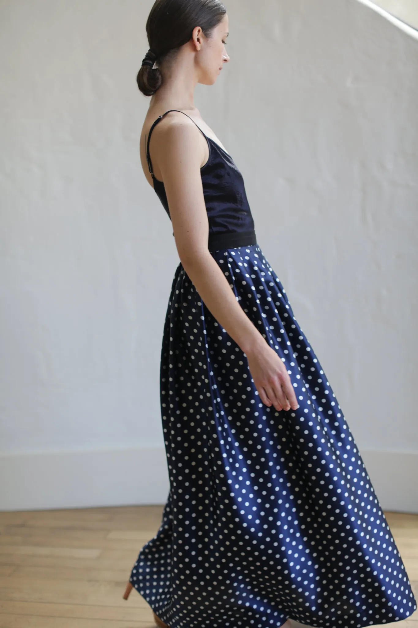 Charmeuse Pleated Long Wrap Skirt | Navy Polkadot