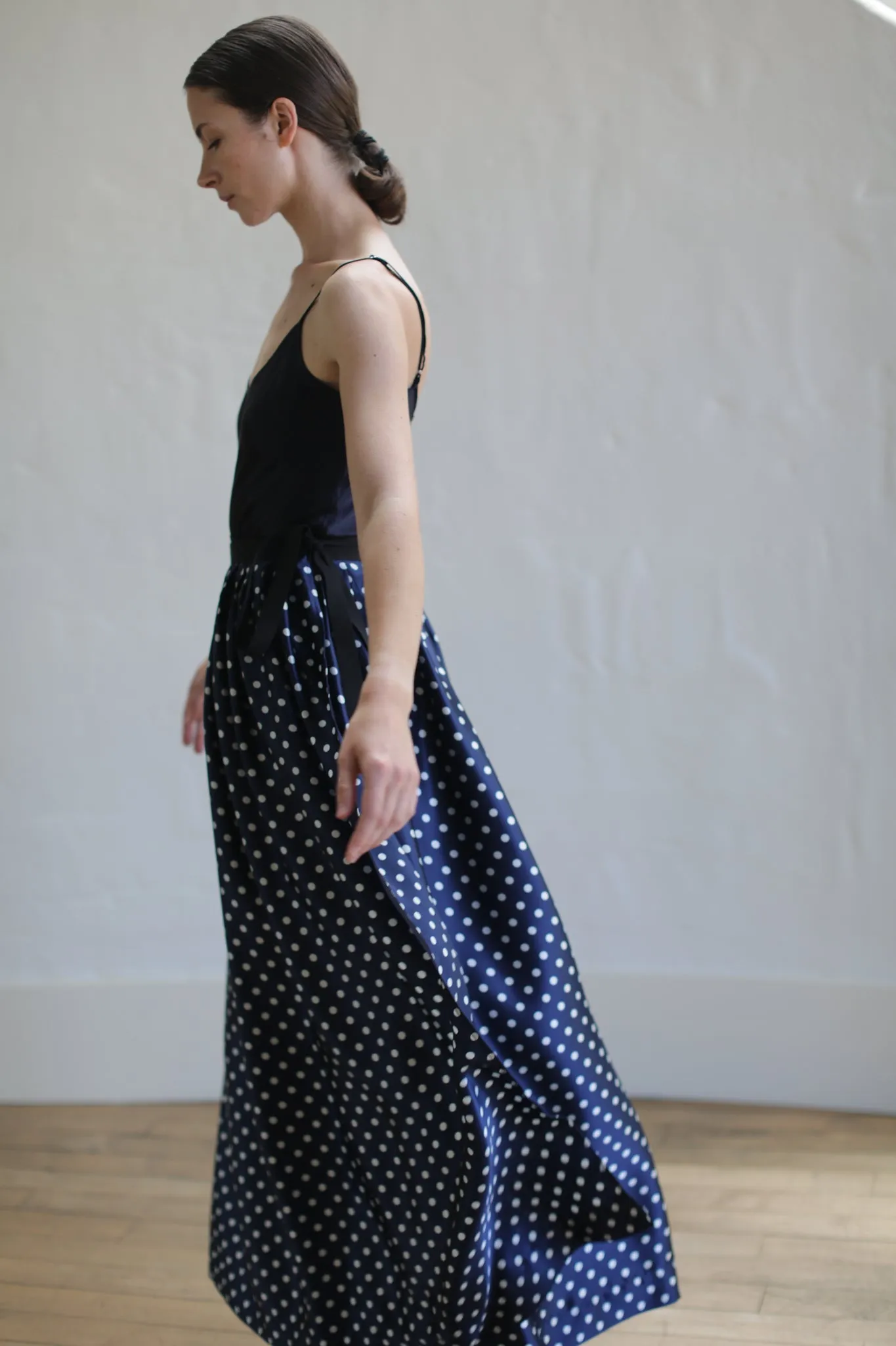 Charmeuse Pleated Long Wrap Skirt | Navy Polkadot