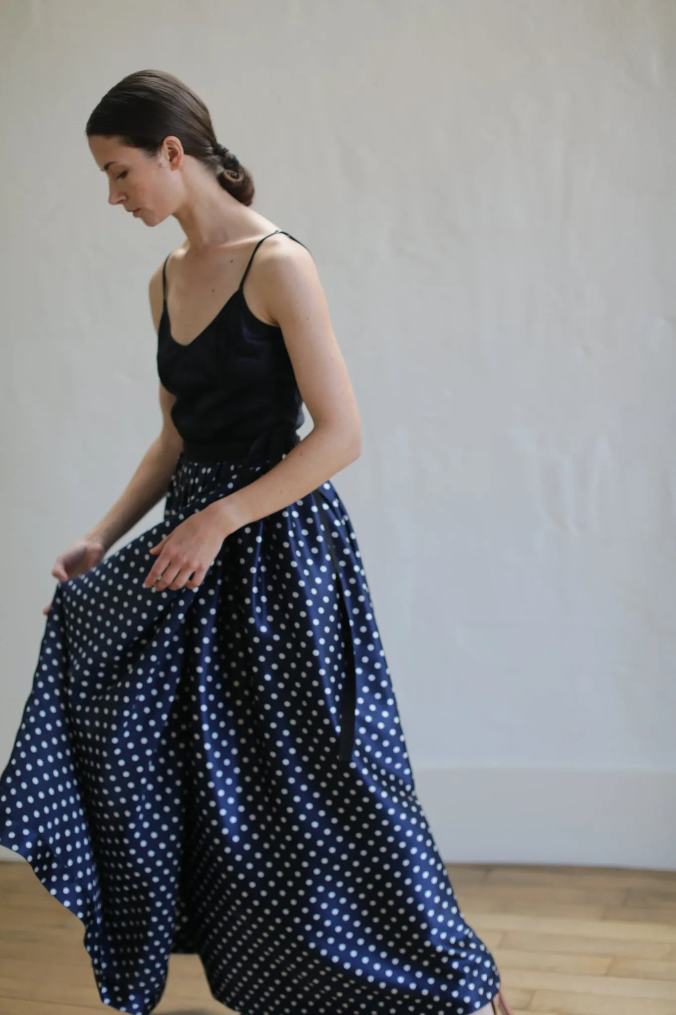 Charmeuse Pleated Long Wrap Skirt | Navy Polkadot