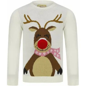 Christmas Happy Reindeer Pom Pom Nose Junior Christmas Jumper