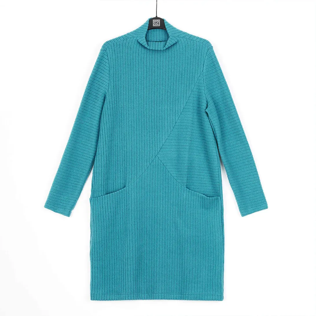 Clara Sunwoo - Ribbed Knit Funnel Neck Tunic Dress - Teal Blue