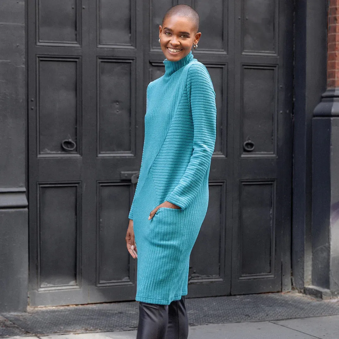 Clara Sunwoo - Ribbed Knit Funnel Neck Tunic Dress - Teal Blue