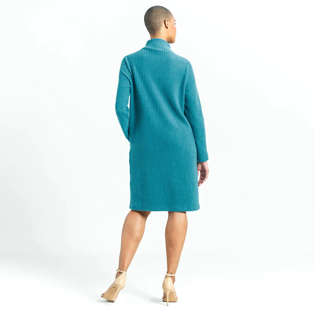 Clara Sunwoo - Ribbed Knit Funnel Neck Tunic Dress - Teal Blue