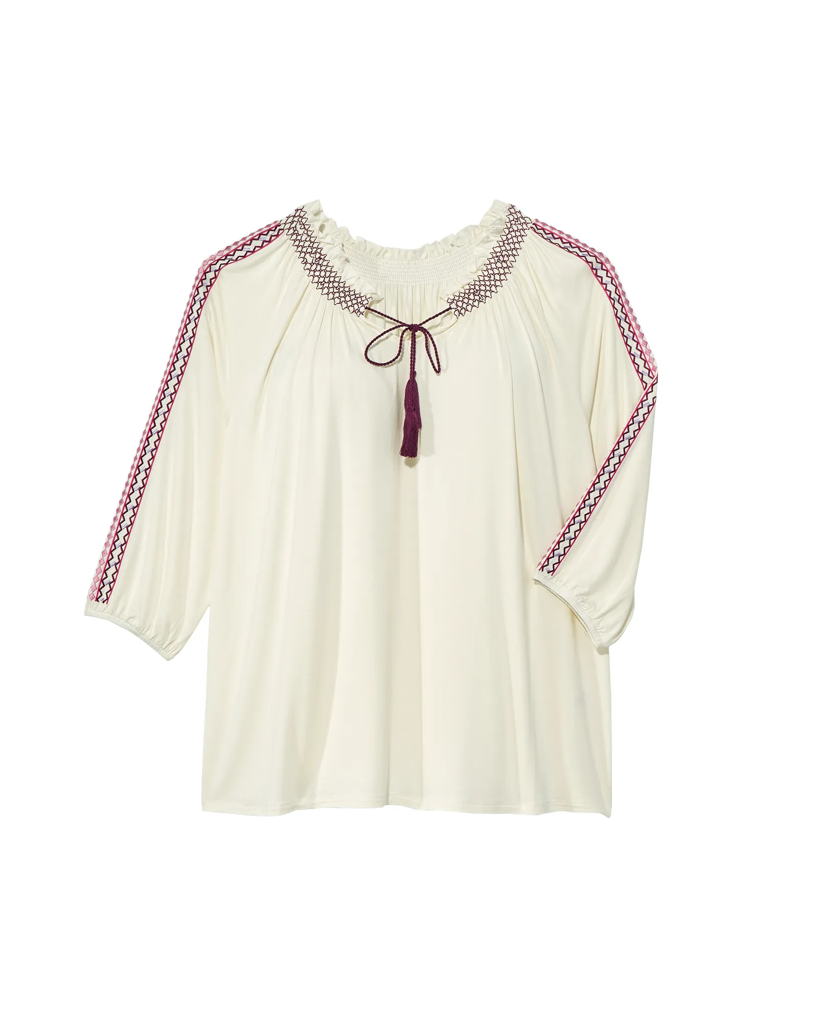 Clarissa 3/4 Sleeve Smock Neck Balloon Sleeve Top | White / Pink