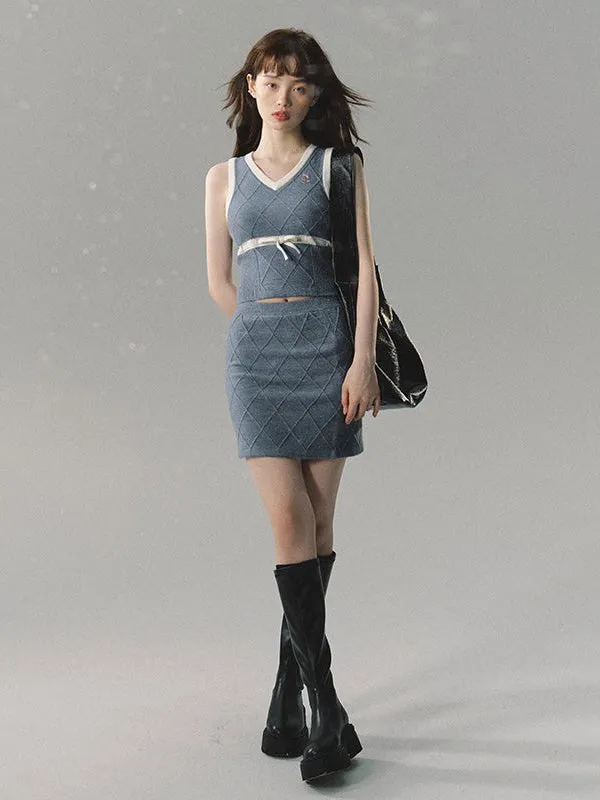 College Style Embroidered Vest & Long-sleeved Knitted & Skirt