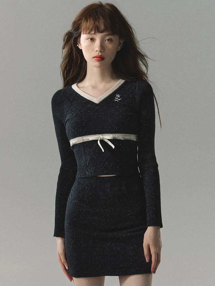 College Style Embroidered Vest & Long-sleeved Knitted & Skirt