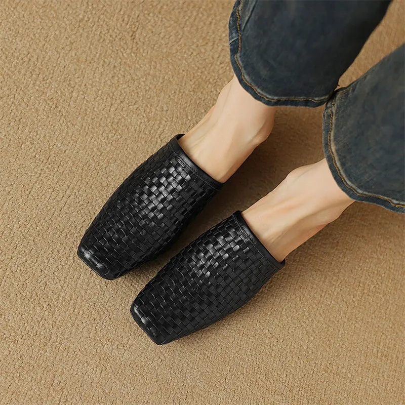 Comfy Leather Woven Mules Soft Casual Slippers in Black/Brown