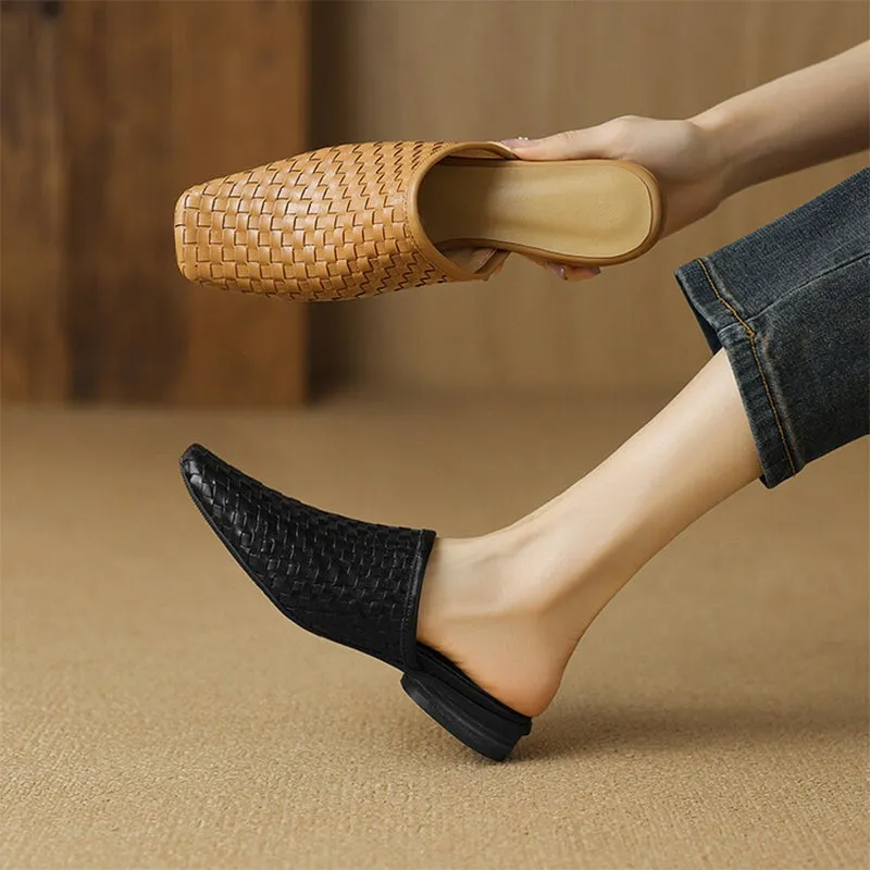 Comfy Leather Woven Mules Soft Casual Slippers in Black/Brown