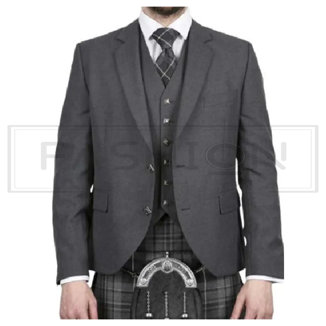 Crail Charcoal Grey Scottish Kilt Jacket with Waistcoat Men Wedding Jacket