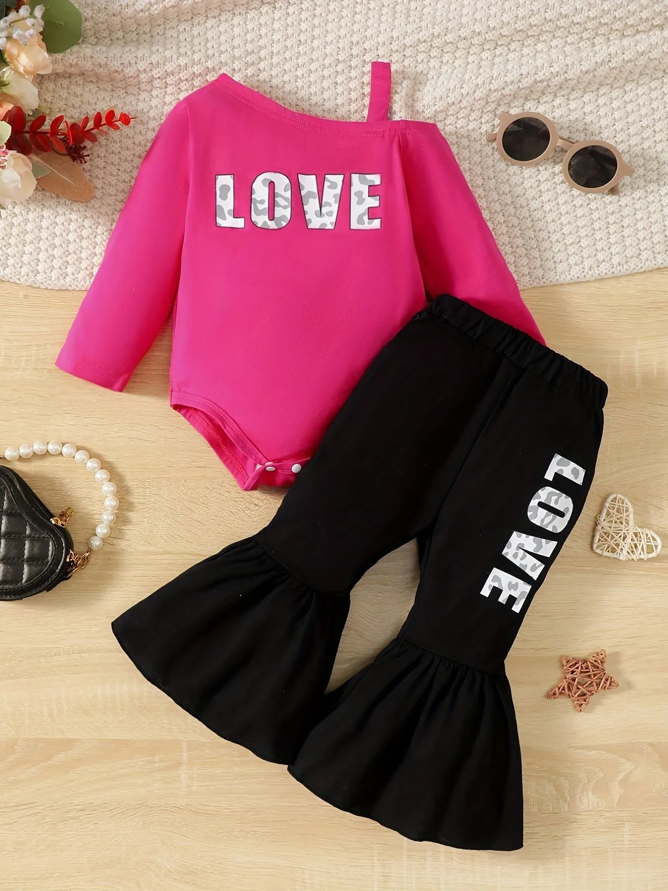 Cute Love Graphic Cotton Long Sleeve Romper Top and Pants