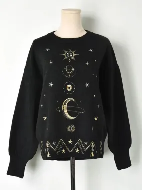 Design Starry Sky Embroidery Sweater High-End Autumn Winter Loose Jumper Women Sweater Pullover Knit Top Runway C-055