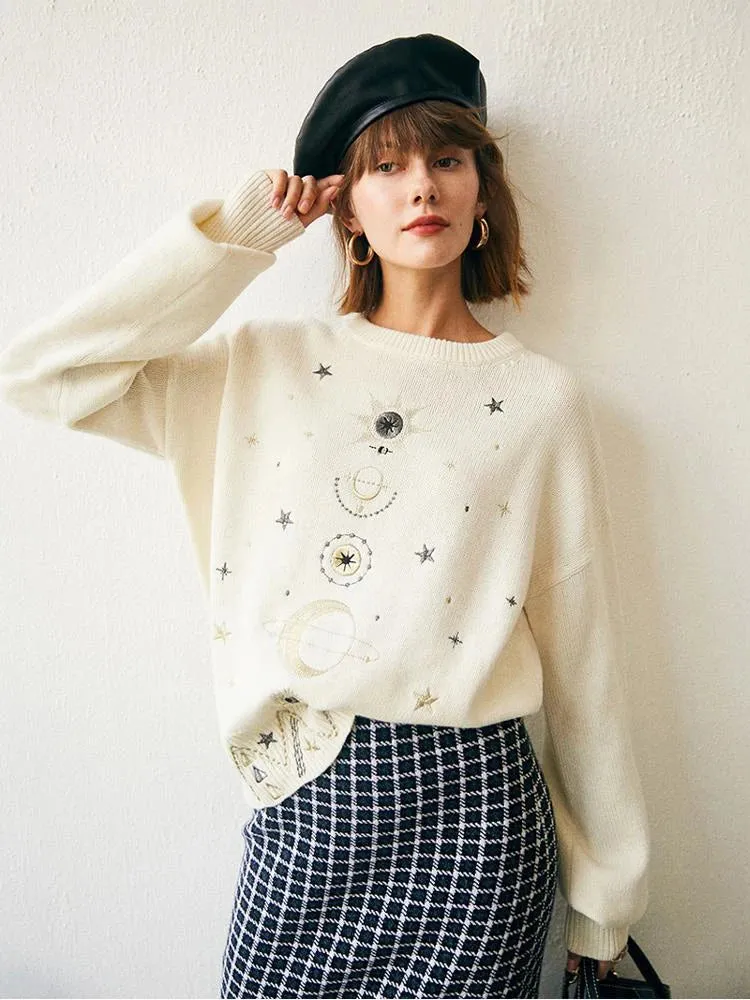 Design Starry Sky Embroidery Sweater High-End Autumn Winter Loose Jumper Women Sweater Pullover Knit Top Runway C-055