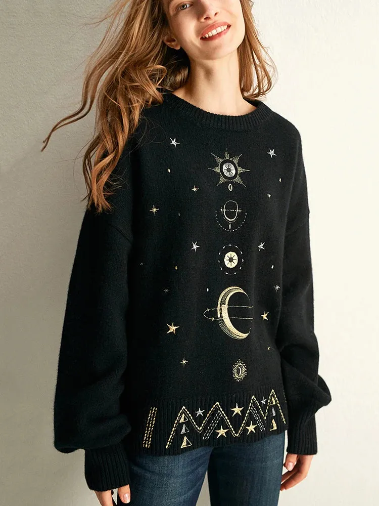 Design Starry Sky Embroidery Sweater High-End Autumn Winter Loose Jumper Women Sweater Pullover Knit Top Runway C-055