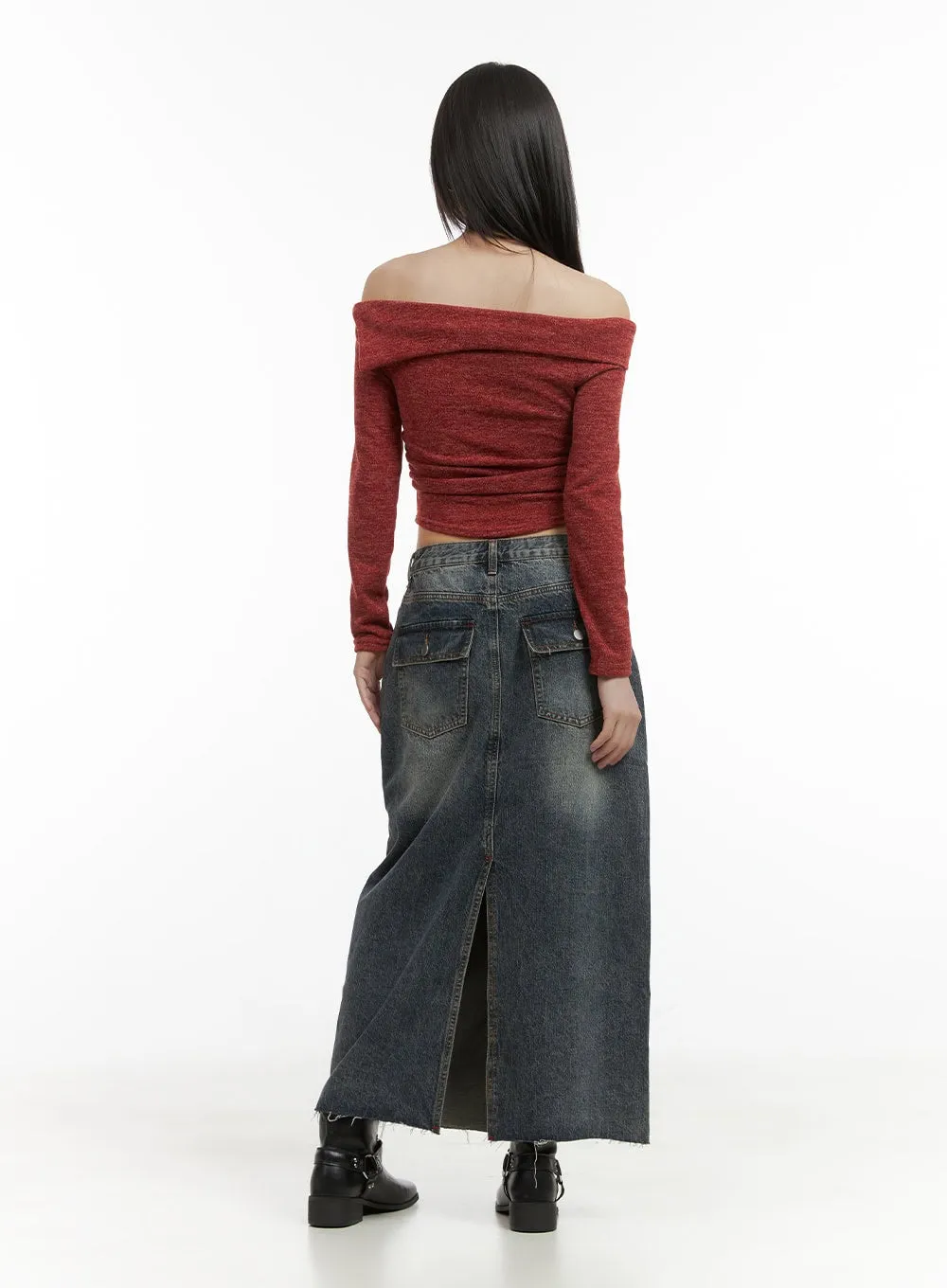 Distressed Denim Maxi Skirt CO410