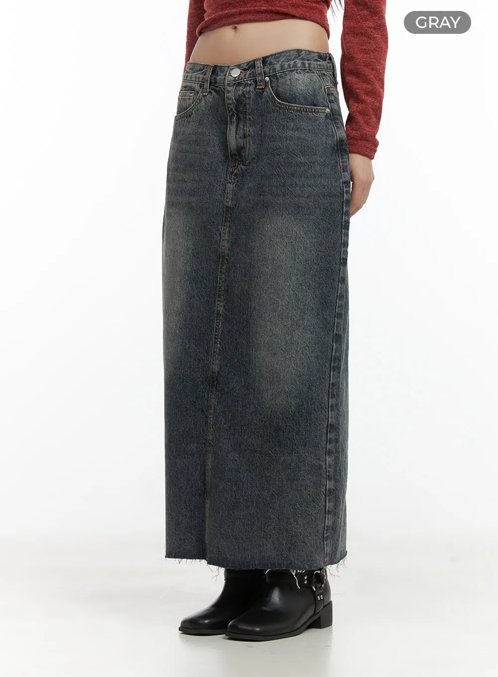 Distressed Denim Maxi Skirt CO410