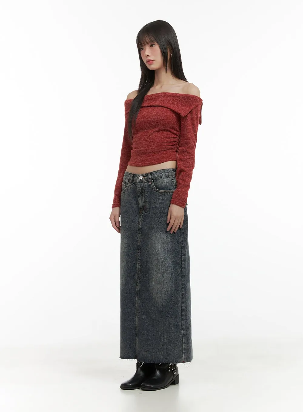 Distressed Denim Maxi Skirt CO410