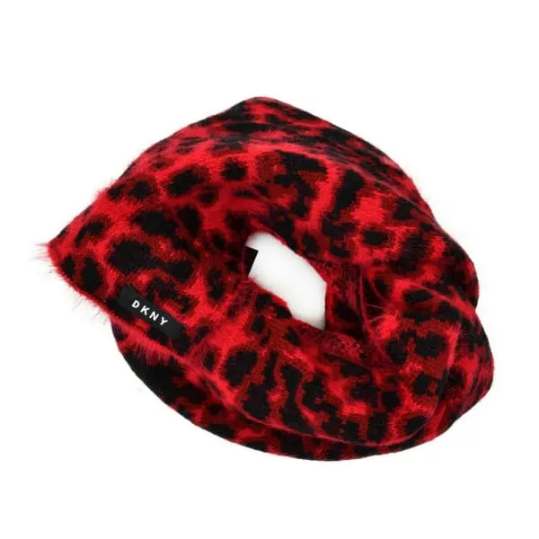 DKNY Winter Fuzzy Animal Knit Rectangle Scarf Red Black