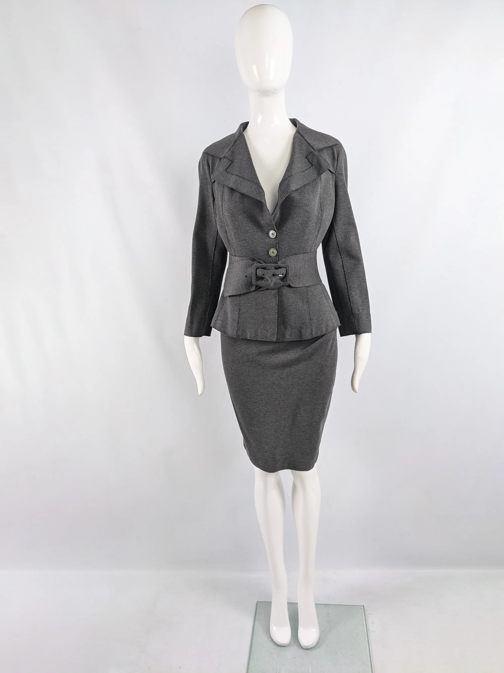 Donna Karan Vintage Grey Stretch Knit Pencil Skirt Suit