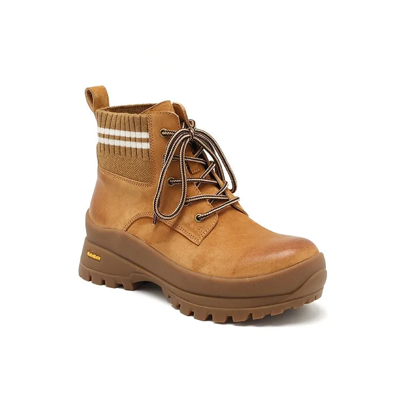 DWARVES Leather Martin Boots Designer Retro Chunky Combat Boots in Yellow/Caramel/Apricot