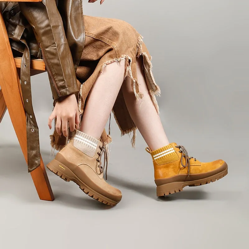 DWARVES Leather Martin Boots Designer Retro Chunky Combat Boots in Yellow/Caramel/Apricot