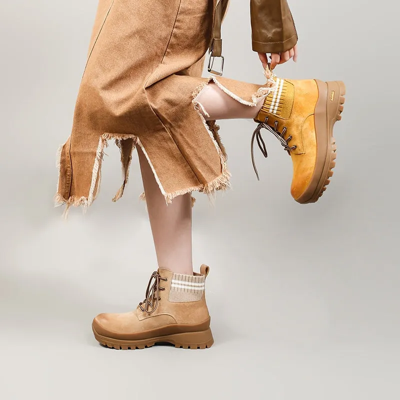 DWARVES Leather Martin Boots Designer Retro Chunky Combat Boots in Yellow/Caramel/Apricot