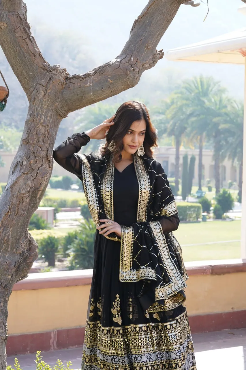 Elegant Black V-Neck Faux Blooming Gown with Sequined Embroidery and Dupatta